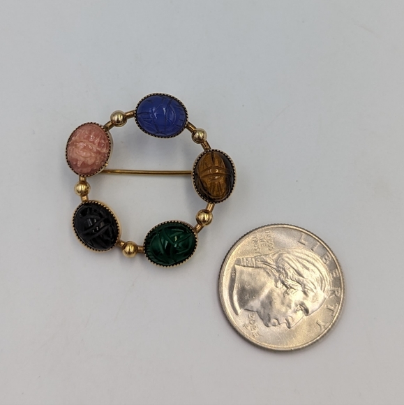 Egyptian Revival Danecraft Scarab Semiprecious Stones 12K gold filled Brooch - Picture 5 of 8